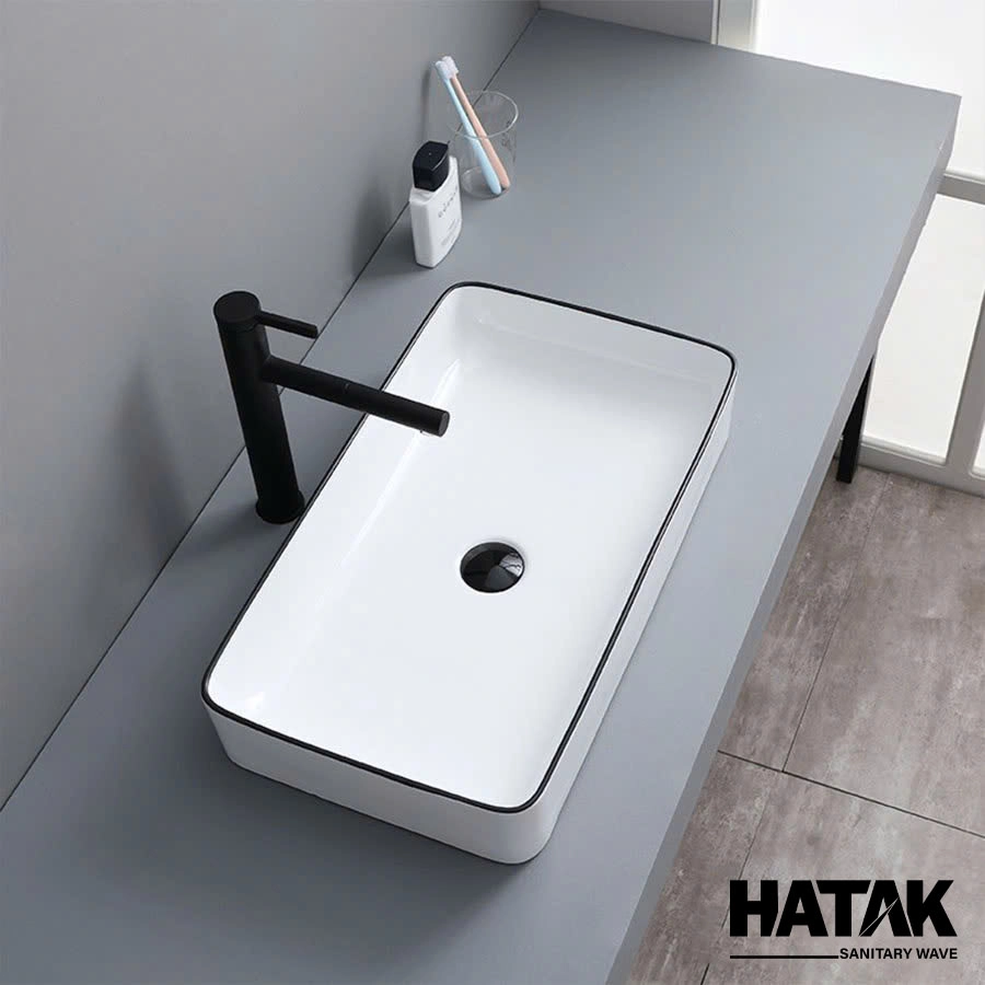 Lavabo Đặt Bàn Đá Chữ Nhật Màu Trắng Viền Đen HA-LA20VĐ