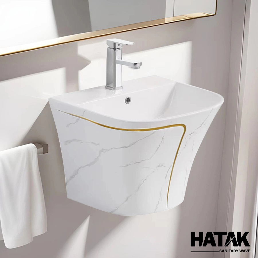 Lavabo Treo Tường Liền Khối Vuông Viền Vàng HA-LA40