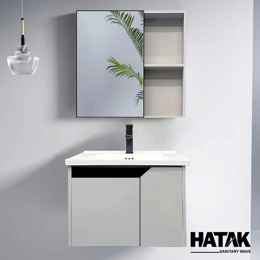 Tủ Lavabo Phòng Tắm Nhôm Lệch Cánh Màu Xám Nhạt 60 x 47cm HA-7677